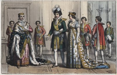 Napoleão Bonaparte (1769-1821), como Rei da Itália - Vice-rei - esposa de um Vice-rei - Mordomo - Lorde Chamberlain - Page-boy - equerezinho - mestre de cerimónias - gravura de "Usi e Costumi di Tutti i Popoli dell