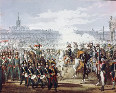 Napoleão Bonaparte (1769-1821) faz uma revisão da legião Lombard e Cispadan da milícia em 07/09/1797 Gravura em aquarela. Milão, Museo del Risorgimento de Unknown artist