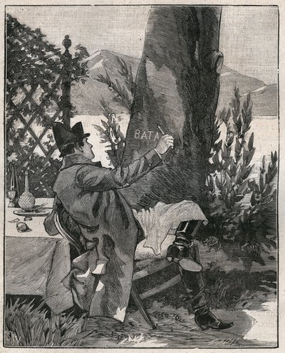 Napoleão Bonaparte (1769-1821) escreveu a palavra "Battaglia" no tronco de um loureiro na ilha de Isola Bella, no Lago Maggiore, três dias antes da Batalha de Marengo, em 1800. Gravura de 1885 em "Les arts et metiers illustres". de Unknown artist