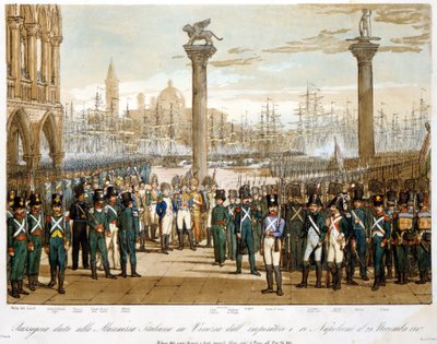 Napoleão I em Veneza em 29 de Novembro de 1807 em frente à Marinha italiana. Gravura de 1845 de Unknown artist