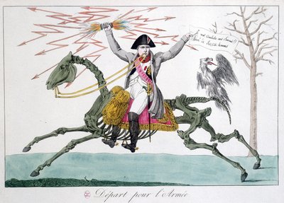 Napoleão: caricatura num homem guerreiro sobre um esqueleto de cavalo - em "Napoleon 1er", colecção de caricaturas de Unknown artist