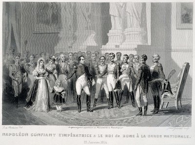 Napoleão confia o Impress e seu filho, o Rei de Roma, à Guarda Nacional (23 de Janeiro de 1814) - em "Fasttes de Gardes nationales de France". de Unknown artist