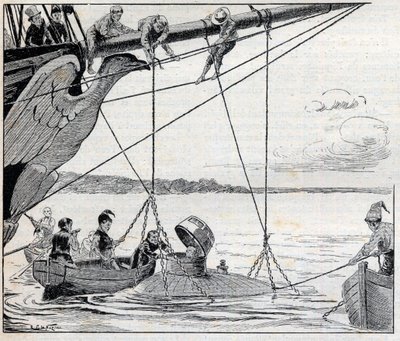 Napoleão fugindo da ilha de Santa Helena em um submarino (submarino) - ilustração do romance de Emile Cyprien (Emile-Cyprien) Driant (1855-1916), "Emperor