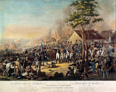 Guerras Napoleónicas: Batalha da Belle Alliance ou Waterloo ganha 18/06/1815 pelas forças armadas sob as ordens de Arthur Wellesley, Duque de Wellington (1769-1852) e Príncipe Blucher de Unknown artist