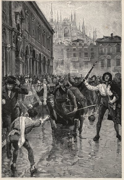 A abdicação de Napoleão incentiva motins em Milão, e Giuseppe Prina, o impopular ministro das Finanças, é arrastado pelas ruas e finalmente morto pela máfia na Piazza San Fedele, em Milão, no dia 20 de abril. de Unknown artist