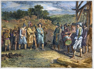 População nativa da América: índios. Os colonos conheceram Massasoit (1590-1661) também conhecido como Ousamequin "Yellow Feather" chefe da tribo Wampanoag, Colônia Plymouth, anos 1620. O líder dos Wampanoag Massasoit visitou os colonos em Plymouth de Unknown artist