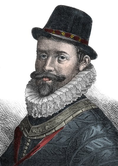 Administração Naval e Comandante Sir John Hawkins (1532-1595) - Retrato de Sir John Hawkins (Hawkyns) (1532-1595), almirante inglês, construtor naval, navegador e comerciante de escravos. Gravura do século XIX. de Unknown artist