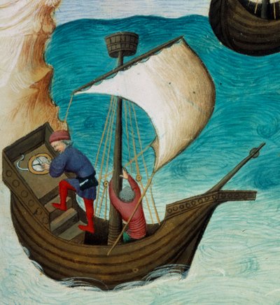 Navegadores no Oceano Índico orientados com estrelas e astrolábio. Miniatura em "O Livro das Maravilhas do Mundo", Sra. 2810, fólio 188v iluminado pelo Mestre de Egerton, escrito por John (Jehan) de Mandeville (1300? 1382). Por volta de 1410-1412. BN, Pari de Unknown artist