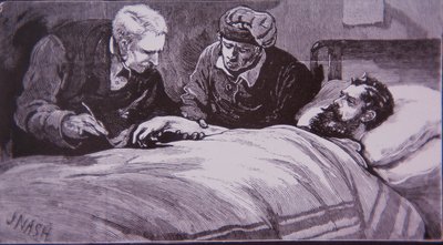 Ned Kelly jaz ferido no hospital da prisão em Melbourne após ter sido capturado pela polícia em 28 de junho de 1880 (gravura) de Unknown artist