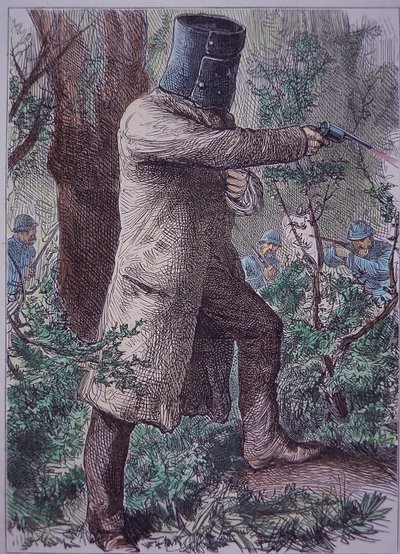 Ned Kelly, com a sua armadura característica, em confronto final com a polícia, 28 de Junho de 1880 (gravura colorida) de Unknown artist