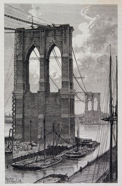 Nova lorque: Estacas da Ponte do Brooklyn em construção - em "The World Tour", 2º semestre de 1881 de Unknown artist