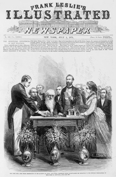 New York City - Morse Celebration at the Academy of Music, 10 de junho - Professor Morse manipulando sua assinatura para a mensagem telegrafada pela Srta. Sadie E. Cornwell - no "jornal ilustrado de Frank Leslie", 01/07/1871 de Unknown artist