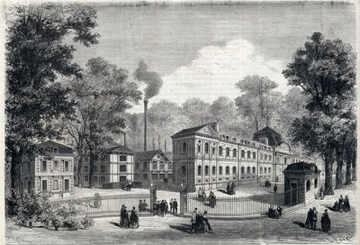 Novo edifício da fábrica de porcelana imperiosa em Sevres, em 1868. Gravura em "L