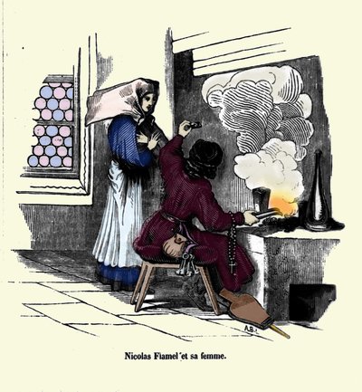 Nicolas Flamel (1330 - 1418) com sua esposa. de Unknown artist