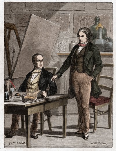 Niepce lendo para Louis Daguerre a descrição da Heliografia, para a fixação de imagens da câmera obscura - Nicephore Niepce (1765-1833), inventor francês, pioneiro da leitura fotográfica para Daguerre a descrição do seu método para a fixação de i de Unknown artist