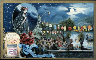 Noite, festa noturna iluminada com lanternas, perto de um lago - Liebig chromolithography de Unknown artist