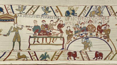 Os criados normandos preparam um banquete para William e o Bispo Odo abençoa a refeição, Bayeux Tapestry (bordado de lã em linho) de Unknown artist