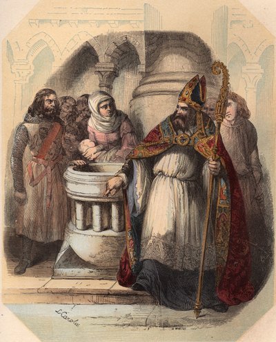 Notger (930-1008) (Notker de Liège), eveque de Liège, durante o baptismo de Otton III (980-1002), Rei da Alemanha. Gravura de 1868 no "Histoire de Belgique desde os tempos primitivos até o fim do regimento de Leopoldo I" de Theodore Juste (1818-1888). Priv de Unknown artist