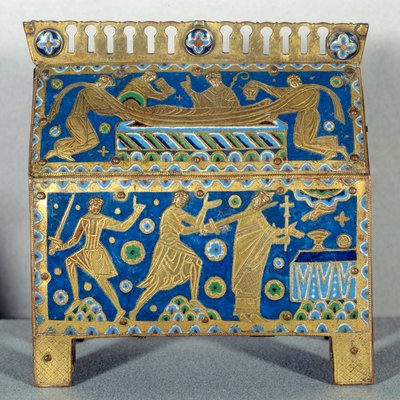 Objecto de arte: Caça ao esmalte, ouro e cobre por São Tomás Becket (1118-1170), arcebispo de Cantuária. É decorado de representações do assassinato do Arquequeque em 29/12/1170 na Catedral de Cantorbery e seu funeral. 1220 aproximadamente. de Unknown artist