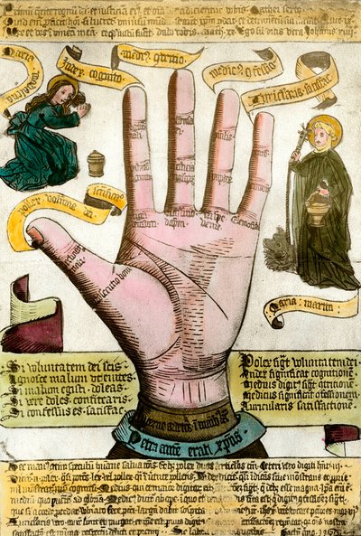 Ciências ocultas: a mão com suas linhas para ler o futuro. Placa desenhada a partir de uma quiromancia de Unknown artist