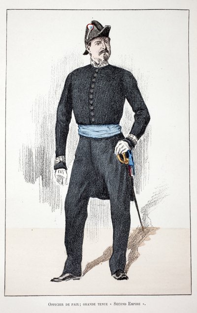 Oficial da Paz, Grande Segundo Império (1852-1870). Gravura colorida, para ilustração do livro "Histoire du corps des gardiens de la paix" publicado sob os auspícios de Louis Lepine (1846-1933) prefet de police de la Seine, de Alfred Rey (1864- de Unknown artist