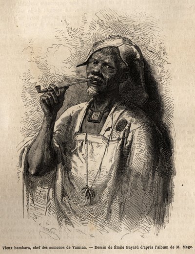 O velho Bambara, chefe da tribo em Yamina (Níger) fumando o cachimbo e usando a tradicional capa de chefe da sua tribo. Gravura para ilustrar a viagem ao Sudão Ocidental do Tenente (Marinha) M.Mage, em 1863-1866, publicada em "Le tour du monde, nouveau jou de Unknown artist