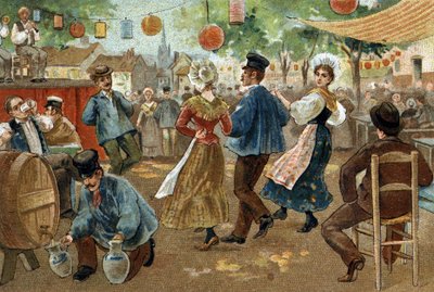 Antigo costume celebrado na região da Flandres: A Feira Flamenga. Cromolitografia do final do século XIX. de Unknown artist
