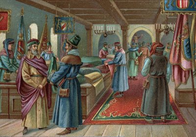 Antigos centros comerciais: salão de linho em Bruges, Bélgica, no século XV. Cromolitografia do final do século XIX de Unknown artist