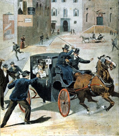 A 16 de Junho de 1894, em Roma, o anarquista Paolo Lega disparou um revólver contra Francesco Crispi, Presidente do Conselho Italiano. Ilustração do período. de Unknown artist