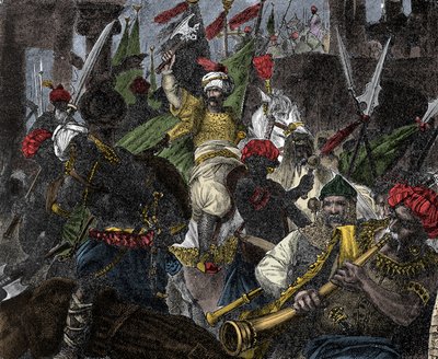 Em 29 de maio de 1453, a tempestade de Constantinopla por Muhammad II, sultão do Império Otomano - Captura de Constantinopla: o exército do sultão otomano Mehmet II (Mehmed II o Conquistador ou Muhammad II Fatih) (1430-1481) sitiou a cidade de Constantinop de Unknown artist