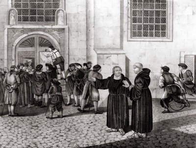 Em 31/10/1517, Lutero afixou nos portões do Castelo de Wittenberg suas 95 teses "denunciando a venda de indulgências e que marcaram o início da Reforma - grav. de Unknown artist