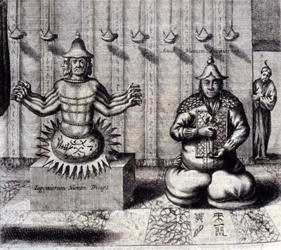 À esquerda, a divindade hindu tem oito braços, à direita Amida, Buda japonês. "De China Monumenta", de Athanasius Kircher (1601 - 1680), jesuíta, orientalista e erudito alemão, Amsterdam 1667. de Unknown artist
