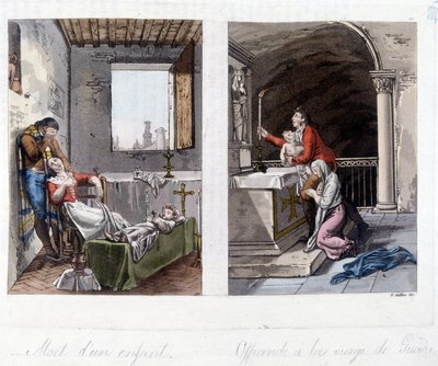 À esquerda, morte de uma criança e tristeza dos pais. À direita, uma oferenda à virgem de Guada Lupa. Litografia do século XIX. de Unknown artist