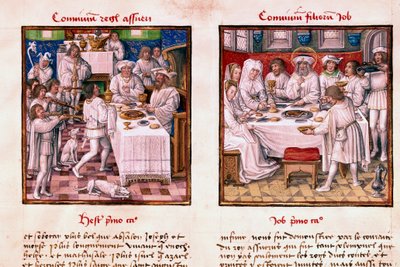 À esquerda, a festa de Assuero 1 (Xerxes 1). À direita, a festa dos filhos de Jó. Miniatura do manuscrito "Le Miroir de l