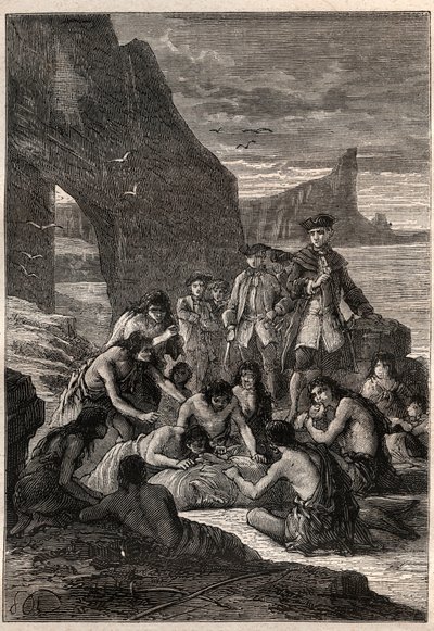 Um deles está desacoplado com os dentes: O Vice-Almirante John Byron (1723-1786) numa das ilhas de Detroit de Magalhães - os Fuegians (habitantes da Terra do Fogo) decuparam com os dentes uma baleia que tinha sido rasgada e petrificada na praia - doente. de Unknown artist