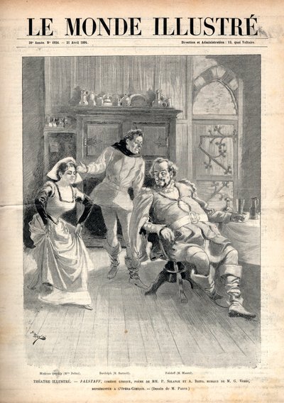 Ópera "Falstaff" de Giuseppe Verdi (1813-1901), comédia lírica de três actos de Arrigo (ou Enrico) Boito, representada no comique de ópera de Paris em 1894 com Victor Maurel, Marie Delna e Paul Fleuret (Barnolt) (1844-1900) - Capa de "The Illustrous World" de Unknown artist