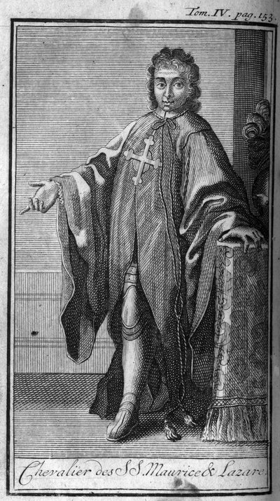 Ordens de Cavalaria. Cavaleiro de São Maurício e Lázaro em Sabóia, no século XVI. Na "História das ordens militares ou cavaleiros, dos seculieres e milícias regulares de ambos os sexos, que foram estabelecidas até agora". Edição tirada de Abbe Giustinian de Unknown artist