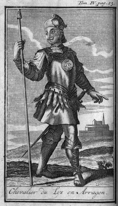 Ordens de Cavalaria. Cavaleiro da Ordem de Lírios em Arragon no século XV Em "História das ordens militares ou cavaleiros, dos seculieres e milícias regulares de ambos os sexos, que foram estabelecidas até agora. Edição tirada de Abbe Giustiniani, R.P.Bo de Unknown artist