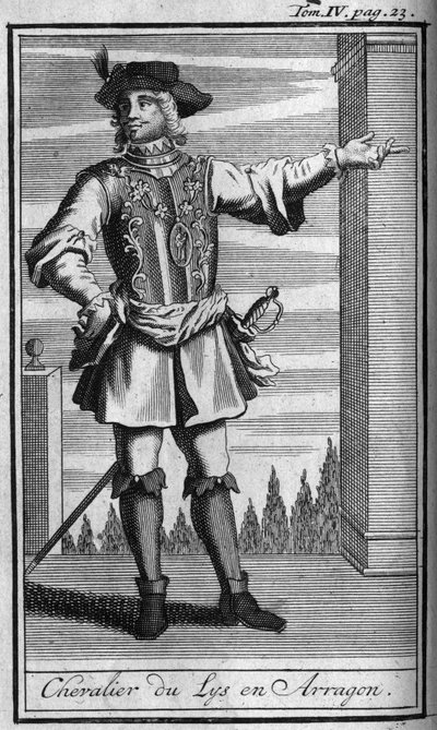 Ordens de Cavalaria. Cavaleiro da Ordem de Lírios em Arragon no século XV Em "História das ordens militares ou cavaleiros, dos seculieres e milícias regulares de ambos os sexos, que foram estabelecidas até agora. Edição tirada de Abbe Giustiniani, R.P.Bo de Unknown artist