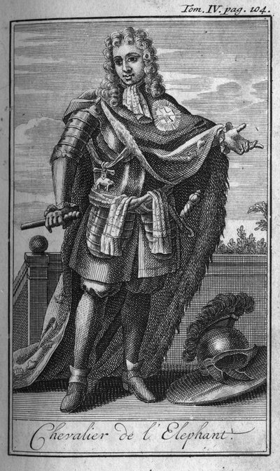 Ordens de Cavalaria. Cavaleiro do elefante na Dinamarca, no século XV. Na "História das ordens militares ou cavaleiros, das milícias seguras e de rotina de ambos os sexos, que foram estabelecidas até agora. Edição tirada de Abbe Giustiniani, R.P.Bonani, M de Unknown artist