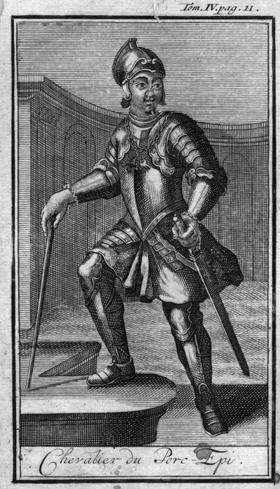 Ordens de Cavalaria. Cavaleiro do Porco épico ou Camail. Na "História das ordens militares ou cavaleiros, das milícias seguras e rotineiras de ambos os sexos, que foram estabelecidas até agora". Edição tirada de Abbe Giustiniani, R.P.Bonani, M. Herman, Sch de Unknown artist