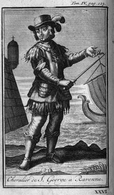 Ordens de Cavaleiro. Cavaleiro de São Jorge a Ravena (Ravenna) na Itália, no século XVI. Na "História das ordens militares ou cavaleiros, das milícias seguras e rotineiras de ambos os sexos, que foram estabelecidas até o presente. Edição tirada de Abbe G de Unknown artist