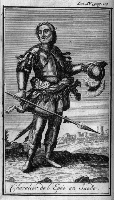 Ordens do Knight. Cavaleiro da Espada na Suécia, no século XVI. Na "História das ordens militares ou cavaleiros, das milícias seguras e de rotina de ambos os sexos, que foram estabelecidas até agora. Edição tirada de Abbe Giustiniani, R.P.Bonani, M. Her de Unknown artist