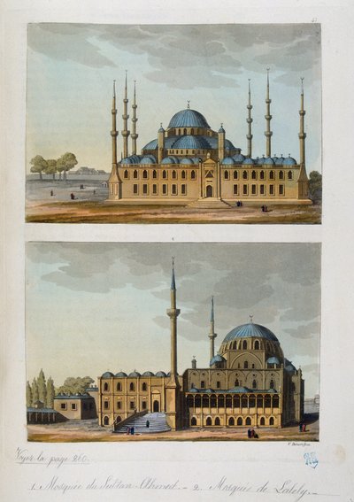 Império Otomano: Mosquee Azul (ou Sultanahmet Camii) construído pelo Sultão Ahmet (Ahmed) I e Mosquee de Laleli em Istambul - em "O traje antigo e moderno" de Ferrario, ed Milan de Unknown artist
