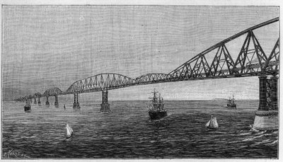 Vista geral da Ponte sobre o Canal, projecto de uma ponte que atravessa o Canal para ligar a França à Inglaterra. Gravação em "La Nature. Revue des sciences et de ses applications aux arts et a l