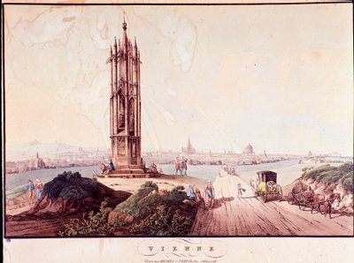 Vista geral da cidade de Viena com ponte que atravessa o Danúbio. Gravura Áustria a partir de 1800 Colecção Privada de Unknown artist