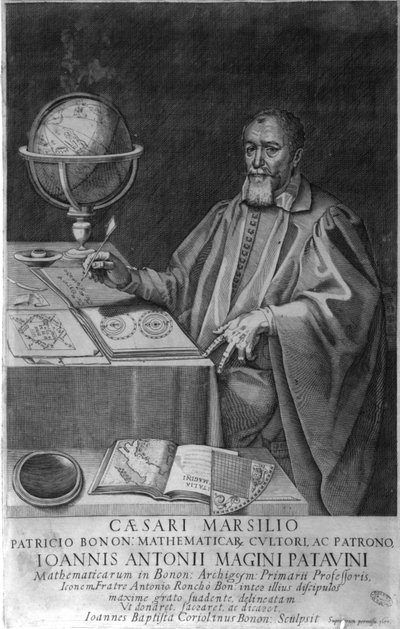 Padova Giovanni Luciano Magini (Antonius Maginus em latim), matemático e astrônomo do século 16-17 em seu escritório com aparelhos de astronomia. Gravura de 1617. de Unknown artist