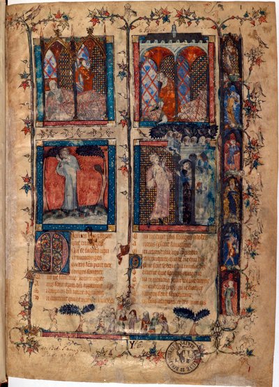 Página iluminada tirada do manuscrito ""Le Roman de la Rose"" de Guillaume de Lorris (por volta de 1200-1238) e Jean de Meun (Meung) (1240-1305) por volta de 1353 Suíça Bibliotheque de Geneve de Unknown artist