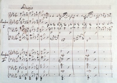 Página da sinfonia reduzida a dois pianos e oito mãos de Die Zauberflote, ópera de Mozart, versão de Lichtenthal (século XIX) de Unknown artist