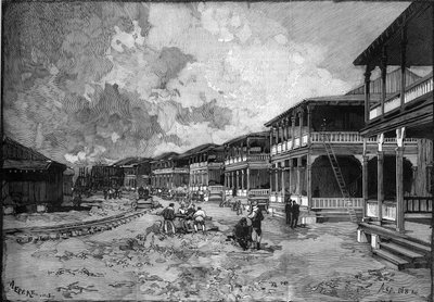 Canal do Panamá. Rua da nova cidade de Cristóvão Colombo a Colon: habitação dos trabalhadores. Gravura no "Le Monde Illustré". de Unknown artist